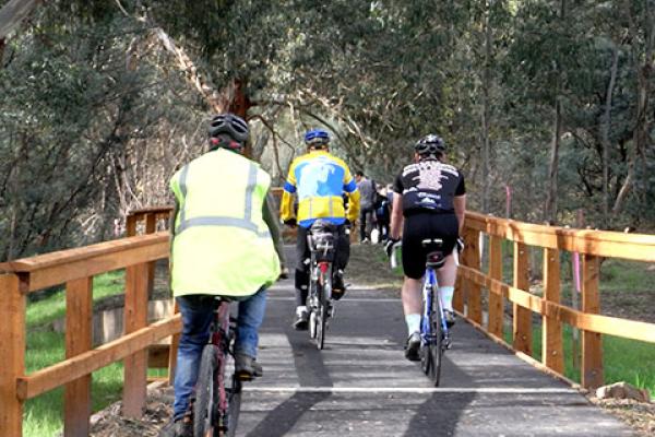 Photo of three cyclists on Mullum Mullum Trail