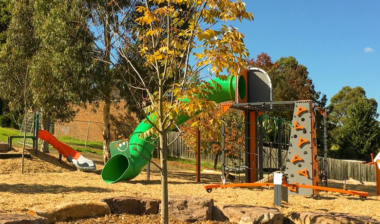 Newly planted tree and playground